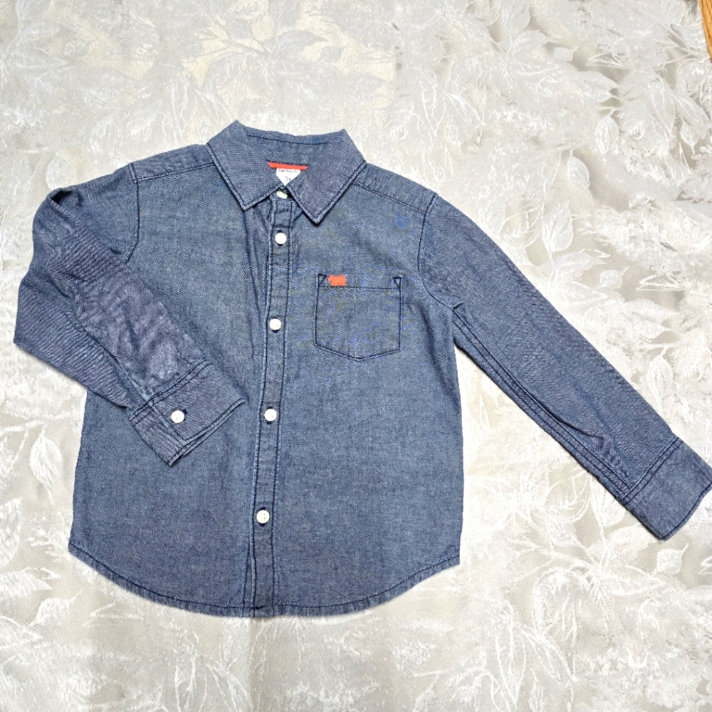 Carters Boys Long Sleeve Button Down Denim Blue Jeans Shirt Size 3t Westerncore